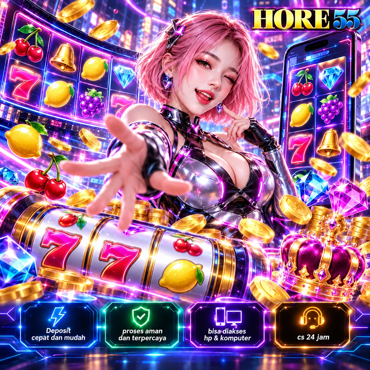 Banner HORE55 bertema biru dan ungu dengan karakter headset, robot, dan game di ponsel
