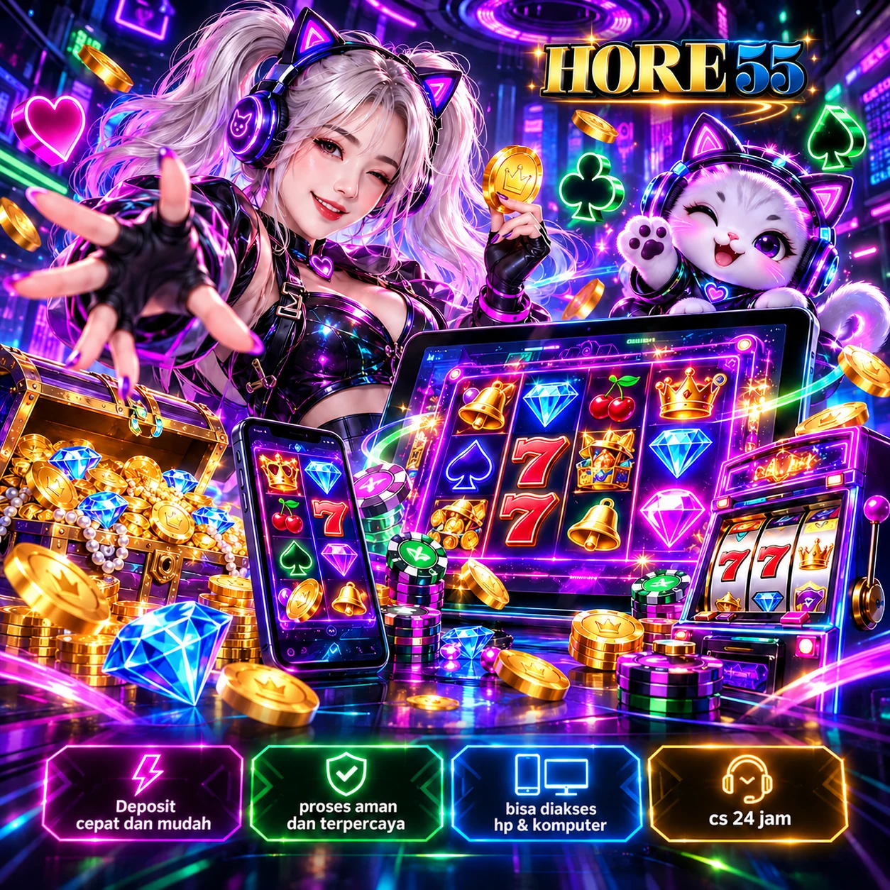 Banner HORE55 bertema futuristik biru ungu dengan karakter rambut merah muda dan layar game